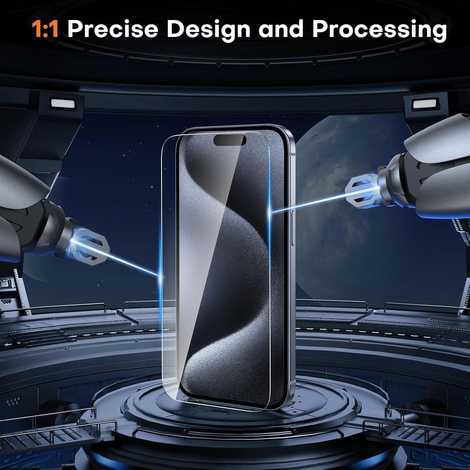 OMOTON iPhone 15 Pro Max Panzer Schutz Glas 9H Härte mit Rahmen-Installationshilfe 3+3 Stück