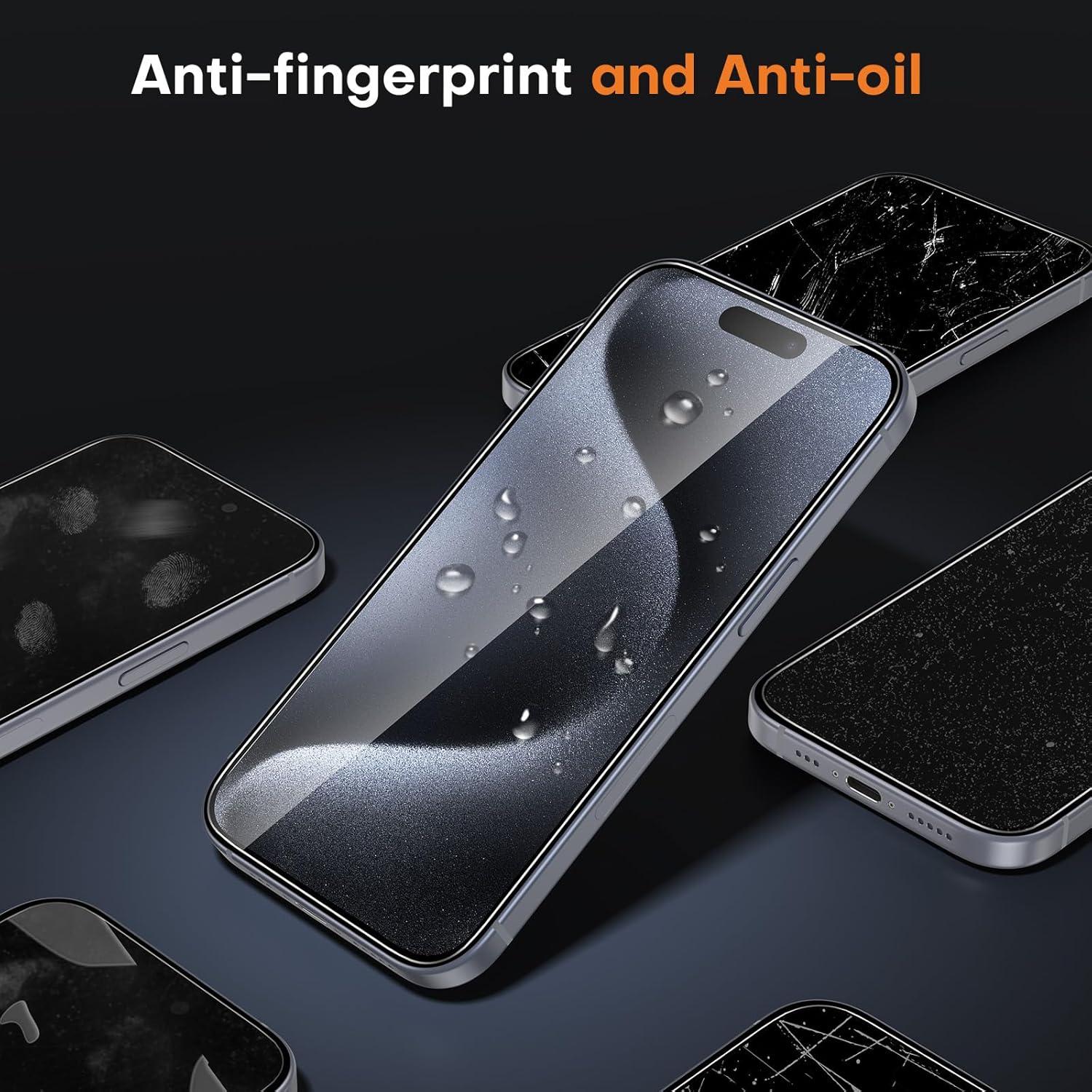 OMOTON iPhone 15 Pro Max Panzer Schutz Glas 9H Härte mit Rahmen-Installationshilfe 3+3 Stück
