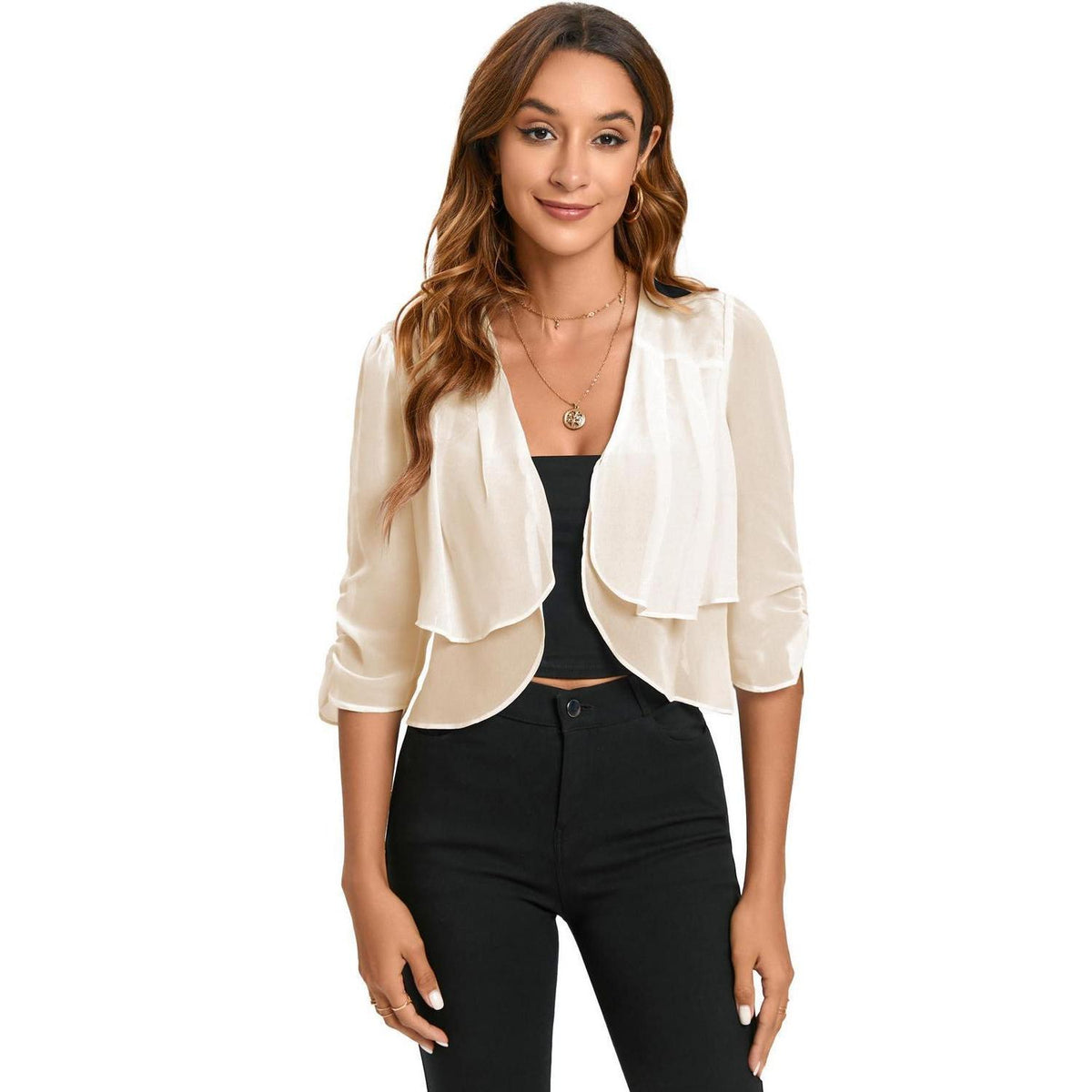 Bolero Damen Chiffon Halbarm Kurz Sommer Beige