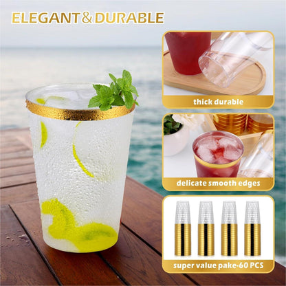 60er Pack Hejo Plastikbecher 360ml, Goldrand, transparent, wiederverwendbare