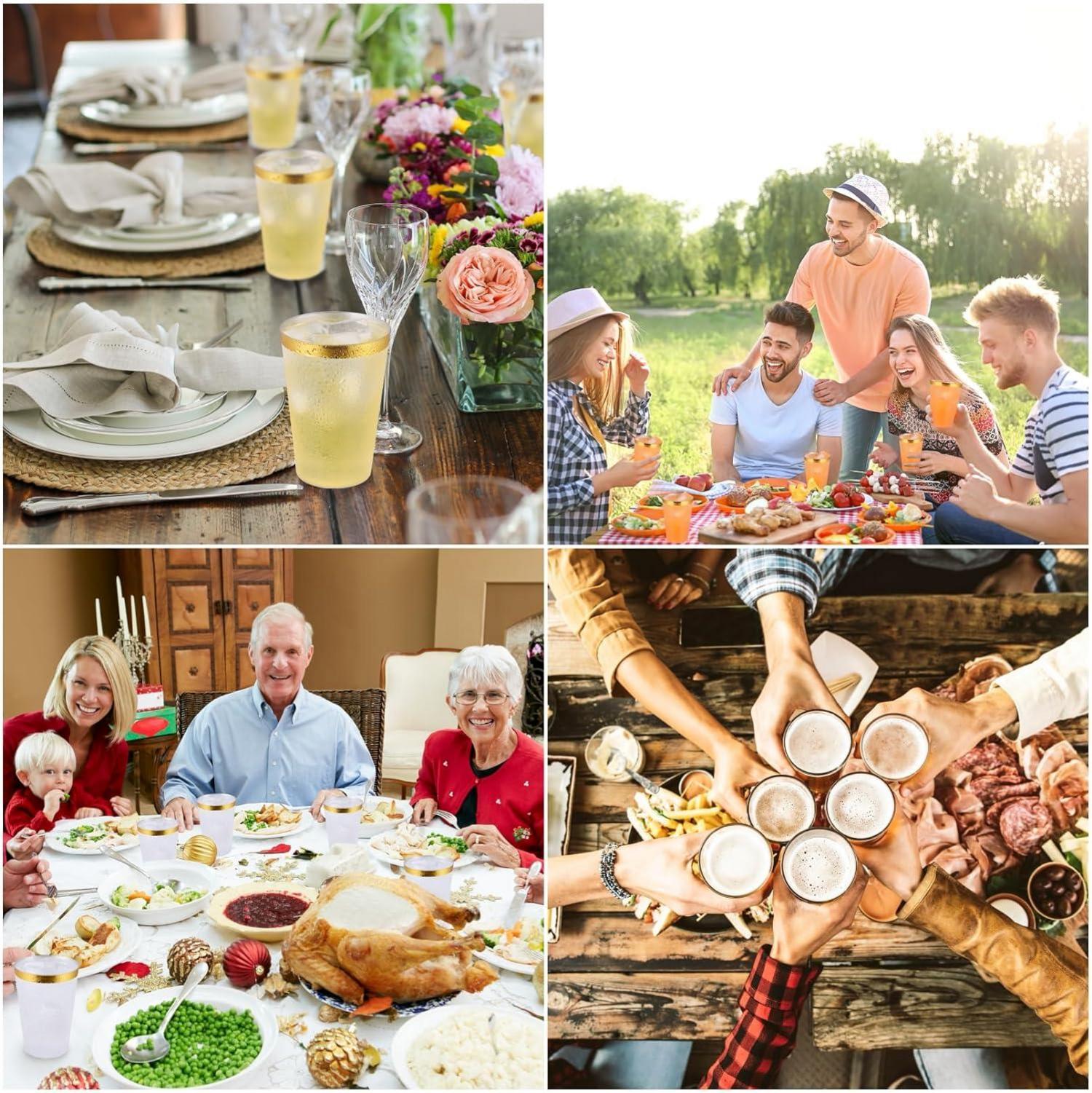 60er Pack Plastikbecher 360ml Goldrand für Cocktail Champagner Bier