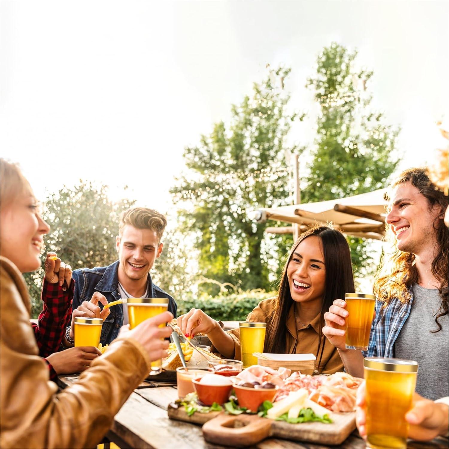 60er Pack Hejo Plastikbecher 360ml, Goldrand, transparent, wiederverwendbare