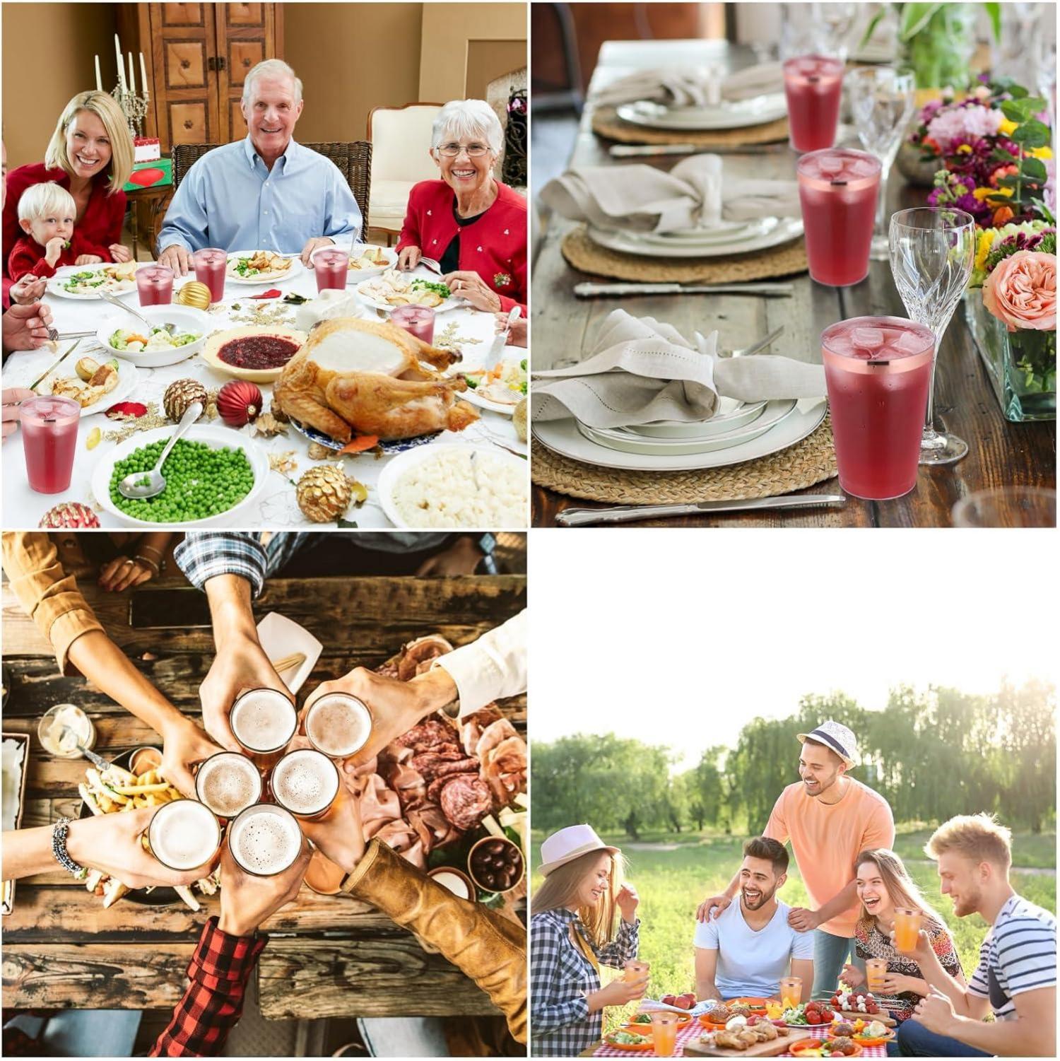 60er Pack Kunststoffbecher 360ml transparent mit rosegoldenem Rand