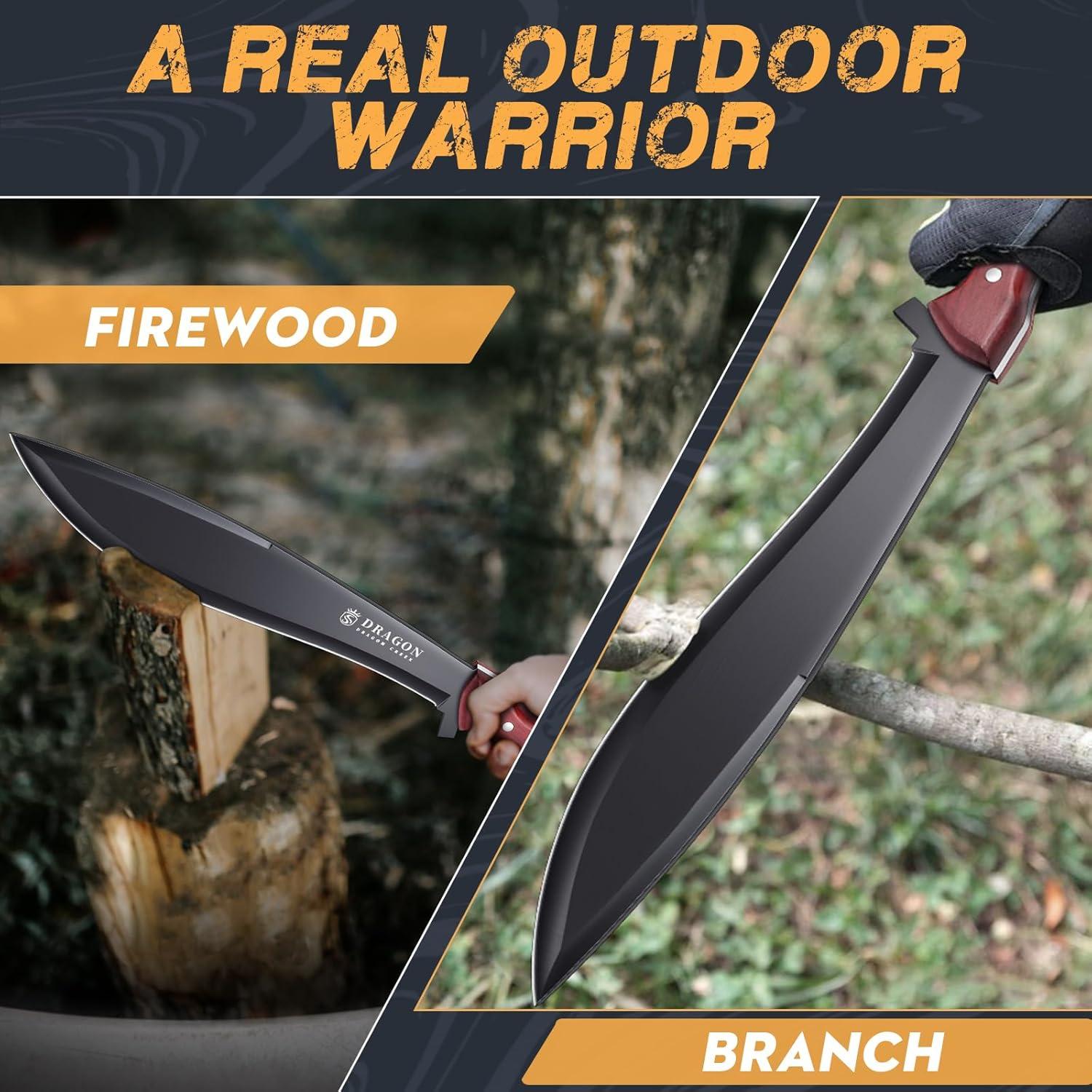 Dragon Creek Großes Outdoor Messer Full Tang Jagdmesser D2 Stahl Survival Bushcraft Hirschhorn-Griff