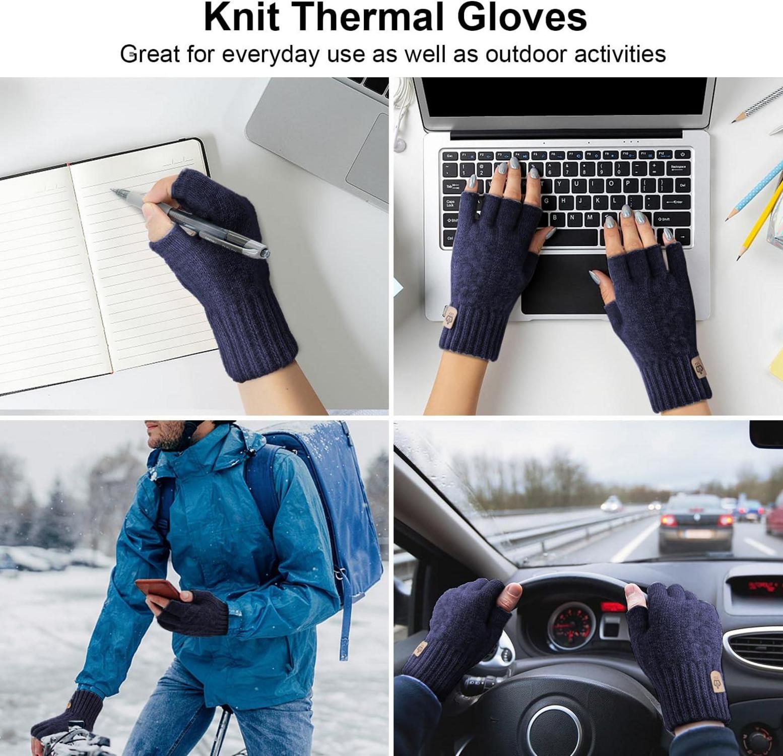 ARFNKIM Winterhandschuhe Fingerlos Strick Touchscreen Skifahren Dunkelblau