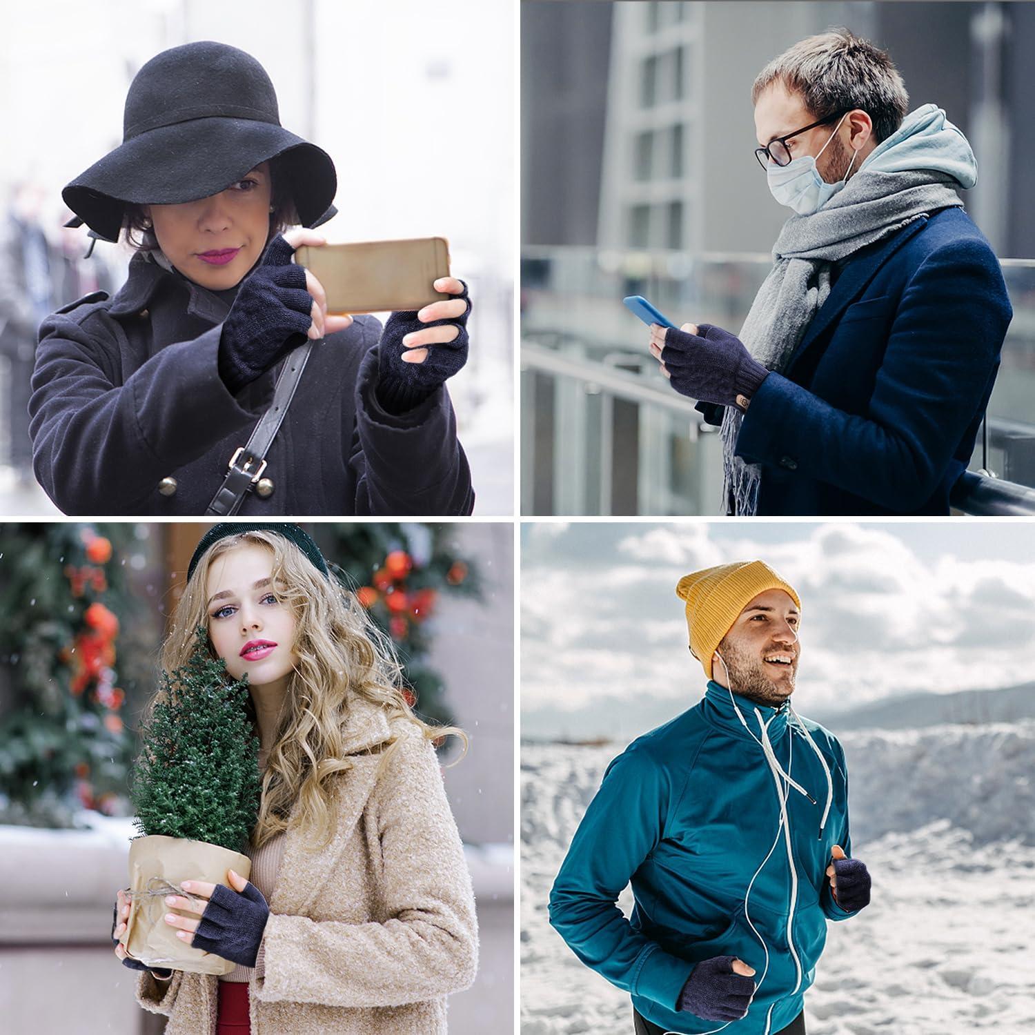 ARFNKIM Winterhandschuhe Fingerlos Strick Touchscreen Skifahren Dunkelblau