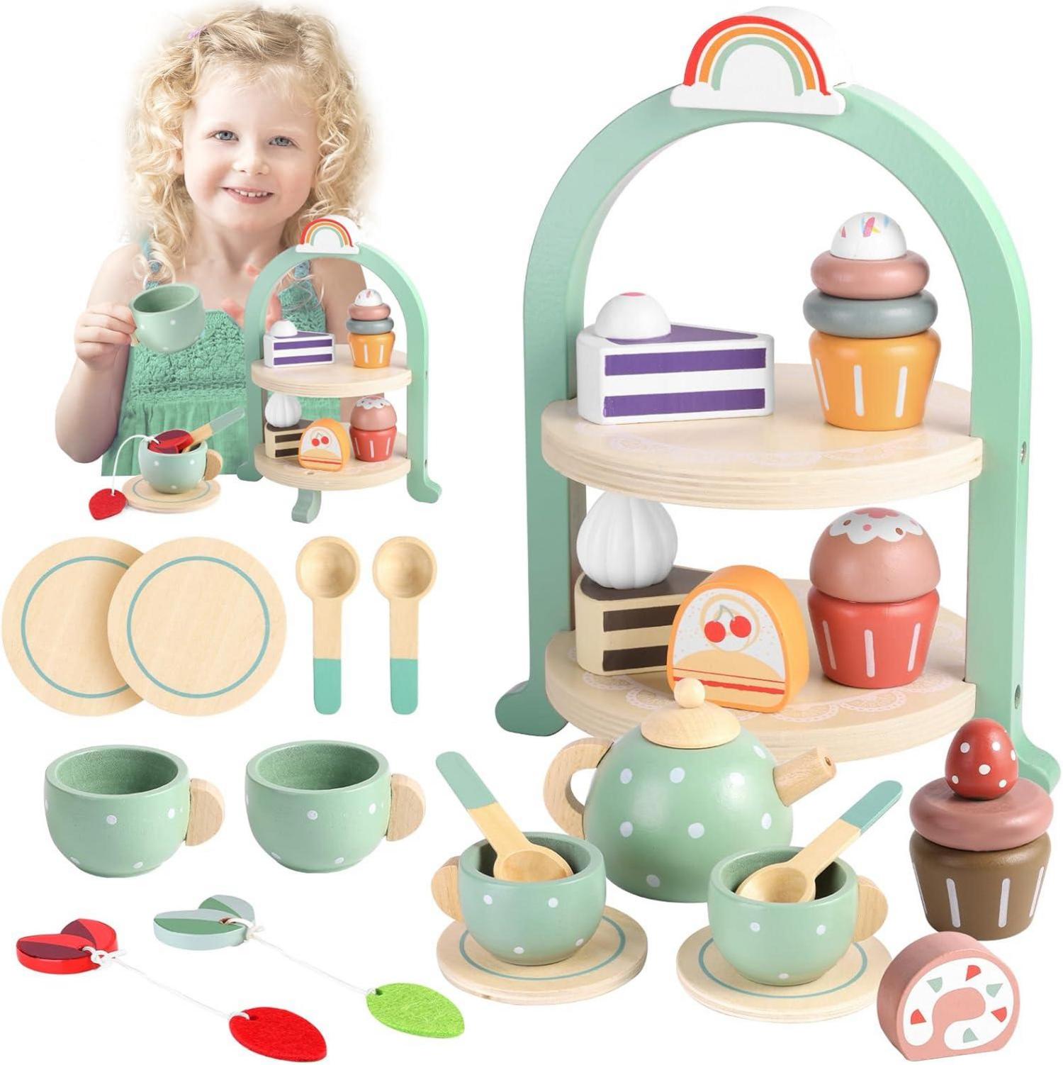Kinder Teeservice Holz Teeparty Set Spielküche Rollenspiel Geschenk