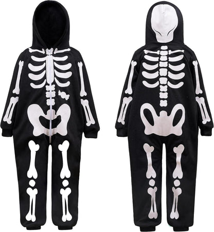 Baby Skelett Jumpsuit Pyjama Halloween Cosplay Schwarz Zip-Up Kapuze