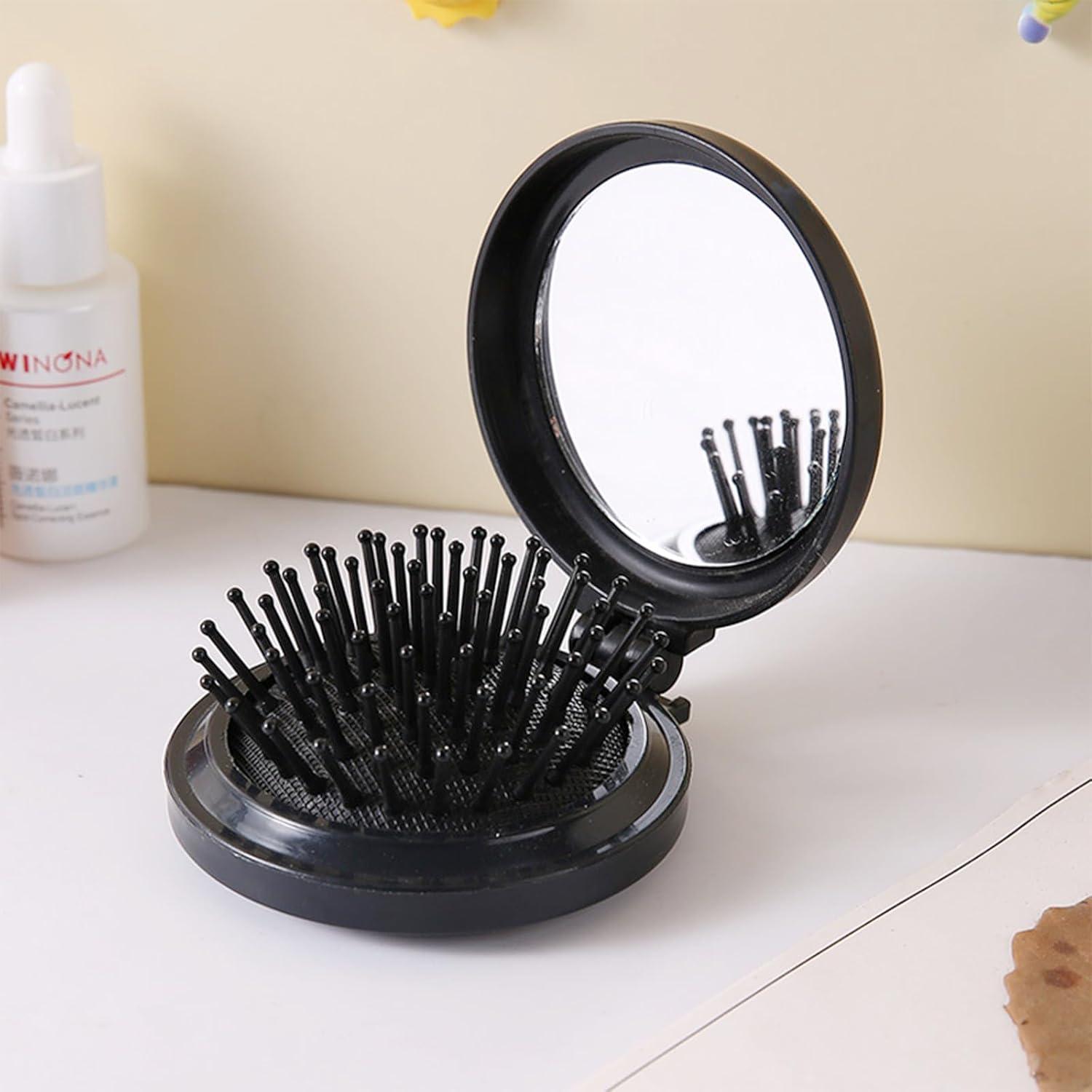 Mini Klappbare Haarbürste mit Spiegel und Massageeffekt