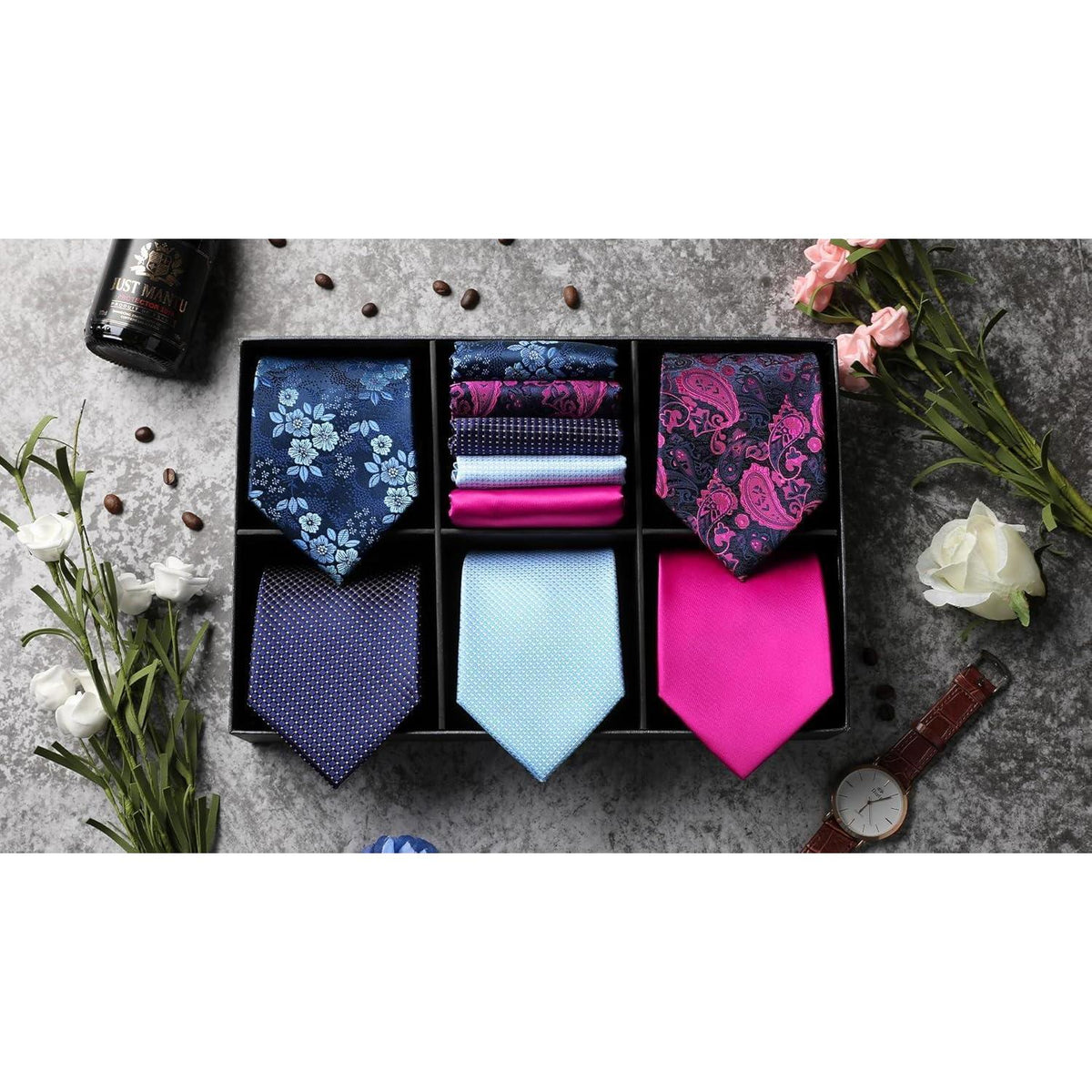 Herren Krawatten Set 5 Stück mit Einstecktuch Seide Elegant