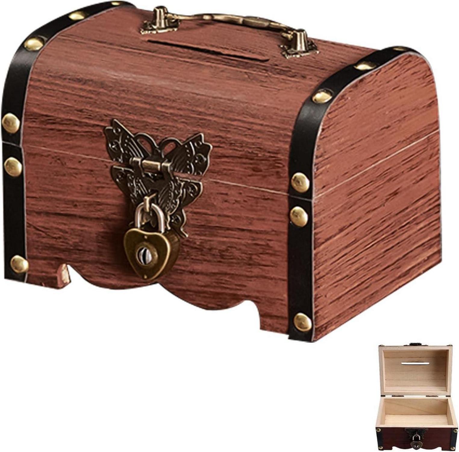 Vintage Holz Schatztruhe Spardose mit Schlüssel Truhe Schloss
