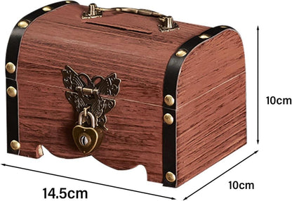 Vintage Holz Schatztruhe Spardose mit Schlüssel und Schloss