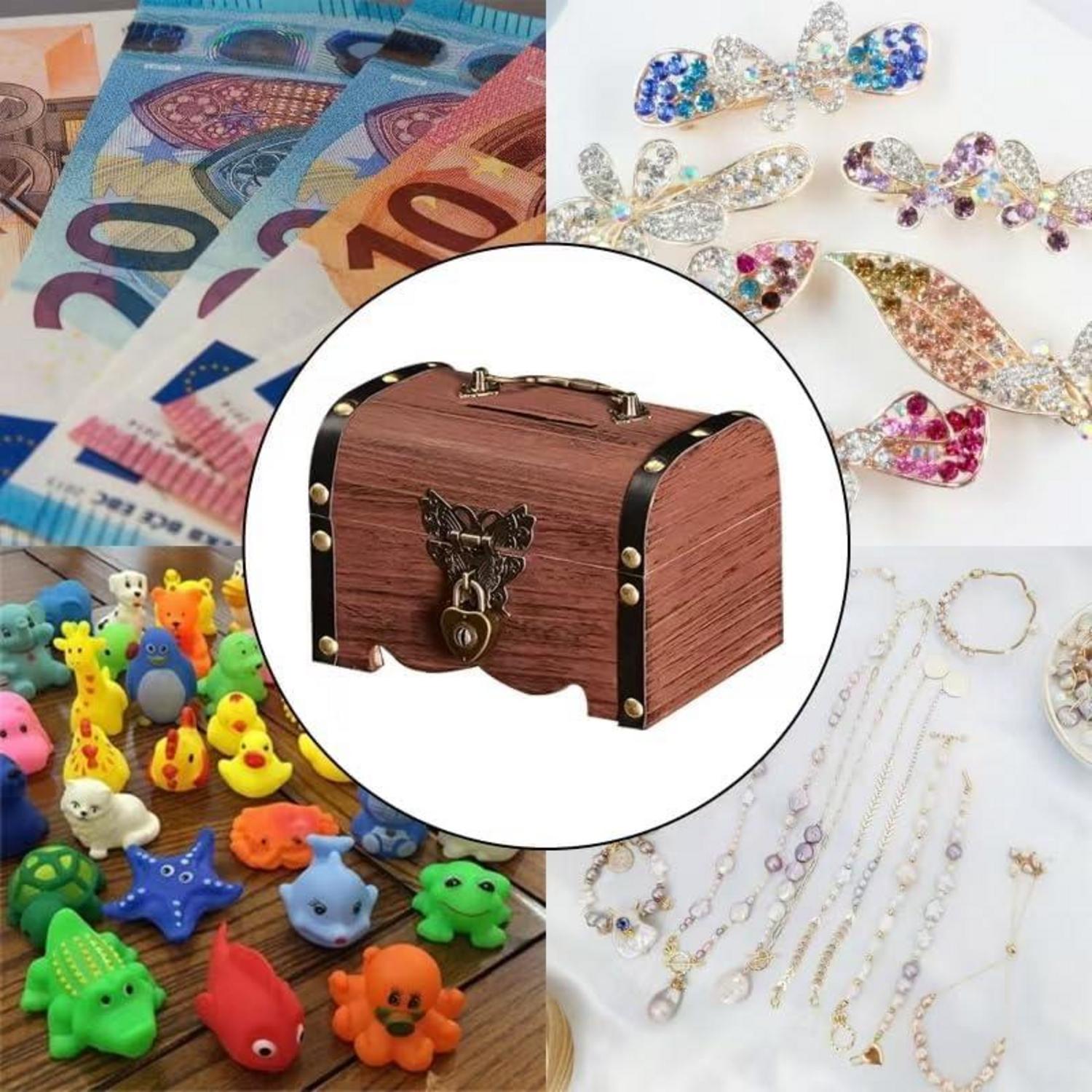 Vintage Holz Schatztruhe Spardose mit Schlüssel Aufbewahrung und Dekoration