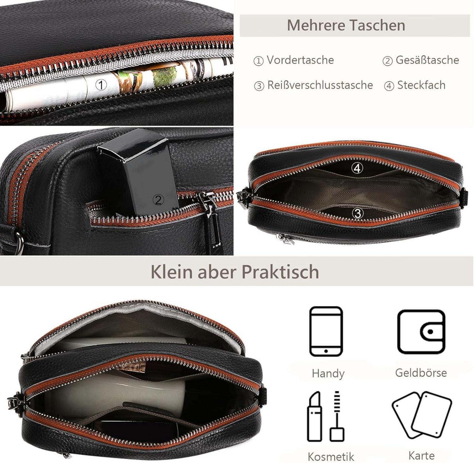 Damen Leder Umhängetasche Crossbody Bag Schultergurt 3 Fächer Schwarz