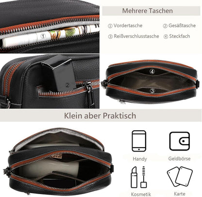 Damen Leder Umhängetasche Crossbody Bag Schultergurt 3 Fächer Schwarz