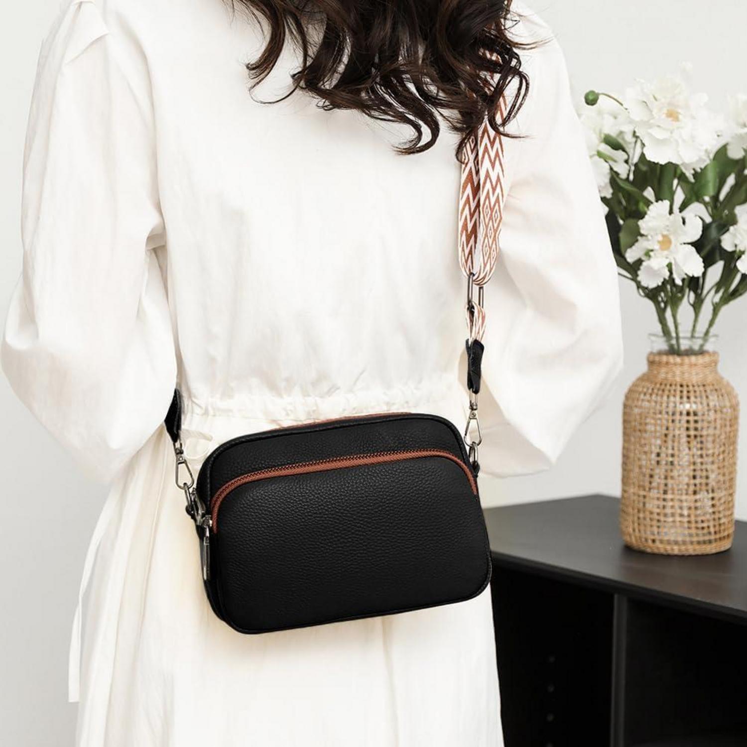 Damen Leder Umhängetasche Crossbody Bag Schultergurt 3 Fächer Schwarz