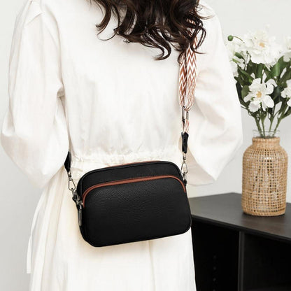 Damen Leder Umhängetasche Crossbody Bag Schultergurt 3 Fächer Schwarz