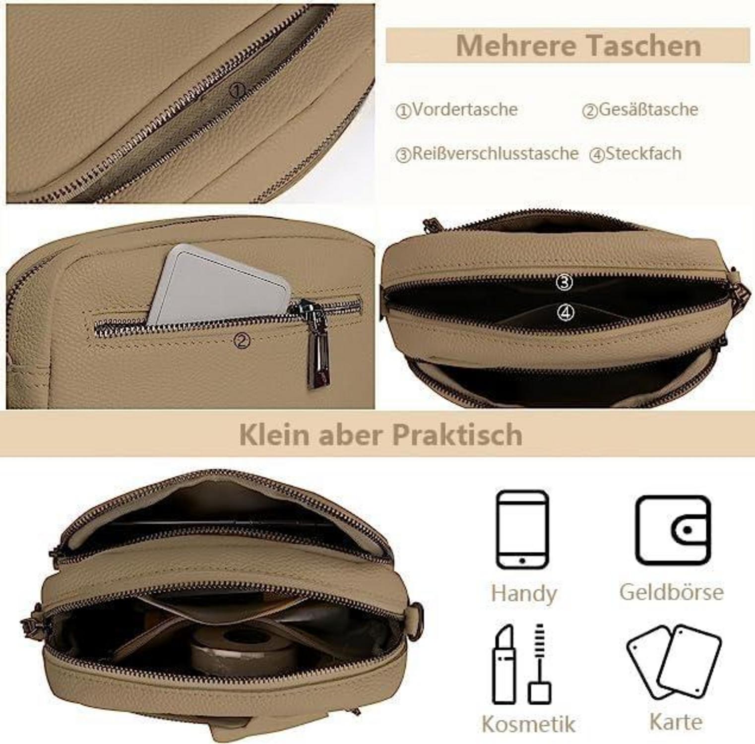 Damen Handy Umhängetasche Echtes Leder Schultertasche 3 Fächer 21x15x8 cm