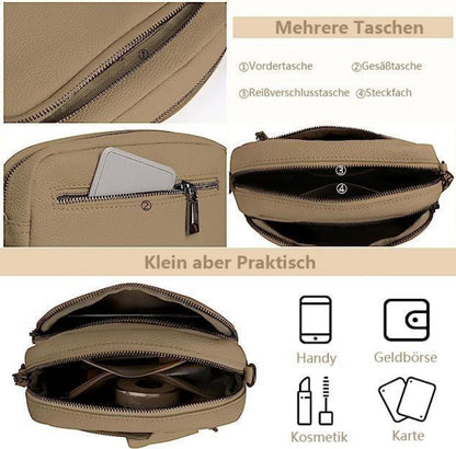 Damen Handy Umhängetasche Echtes Leder Schultertasche 3 Fächer 21x15x8 cm
