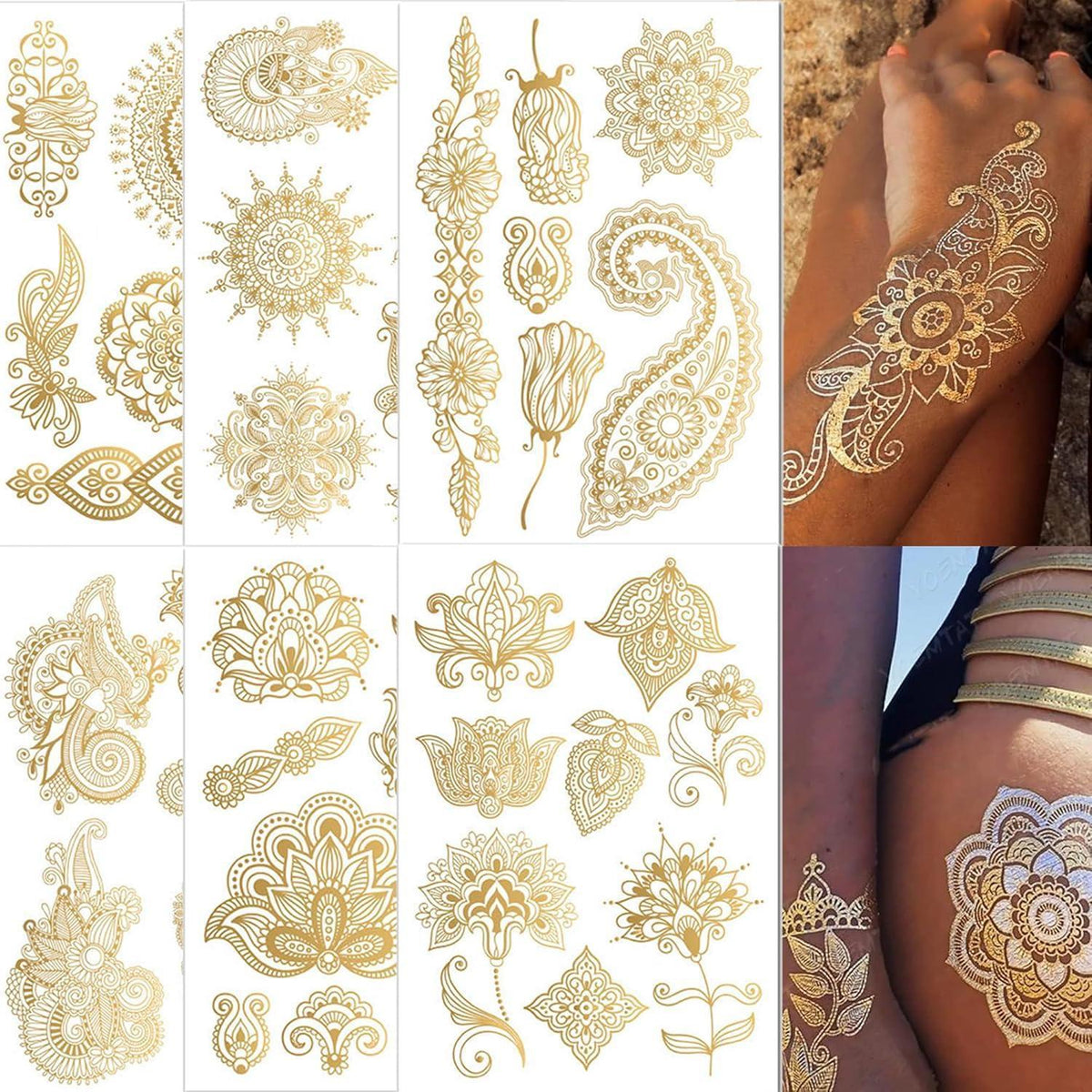 Goldene Metallic Tattoos – 6 große Blätter | Festival & Party