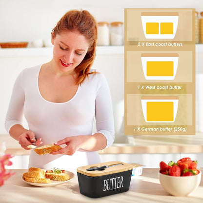 Keramik Butterdose mit Holzdeckel | Emaille Schwarz 250g