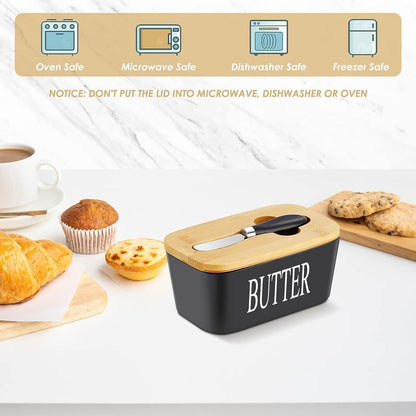 Keramic Butterdose Multi-Funktion Emaille Butterbehälter Holzdeckel