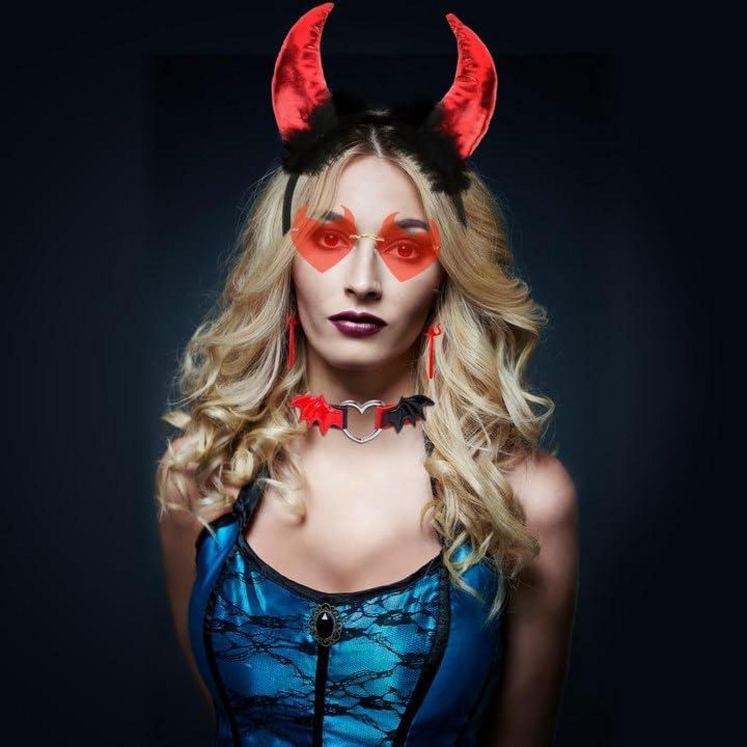 HOWAF Halloween Teufel Kostüm Haarreif Brille Hörner Engelsflügel Halskette Set