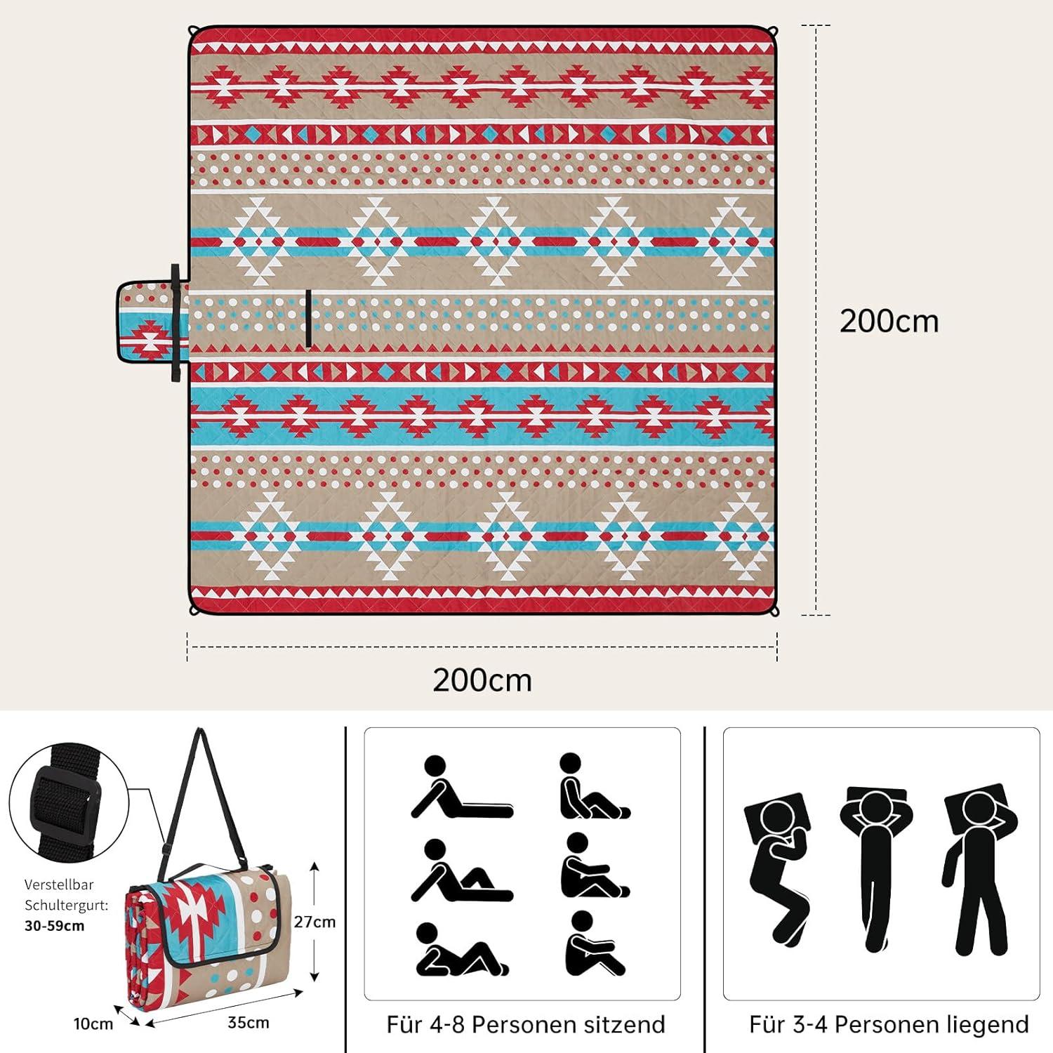 Picknickdecke XXL wasserdicht mit Erdnägeln und Tragegriff, 200x200cm