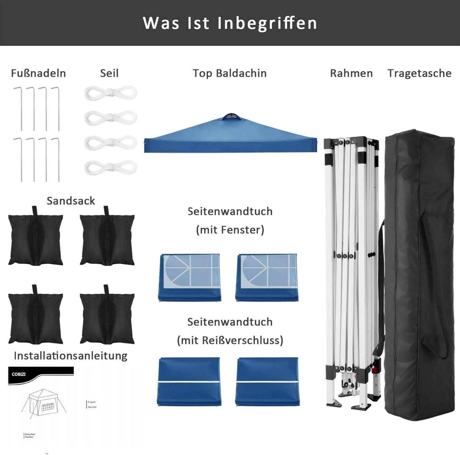 COBIZI Pavillon 3x3m Wasserdicht Stabil Partyzelt mit 4 Seitenteilen, Blau