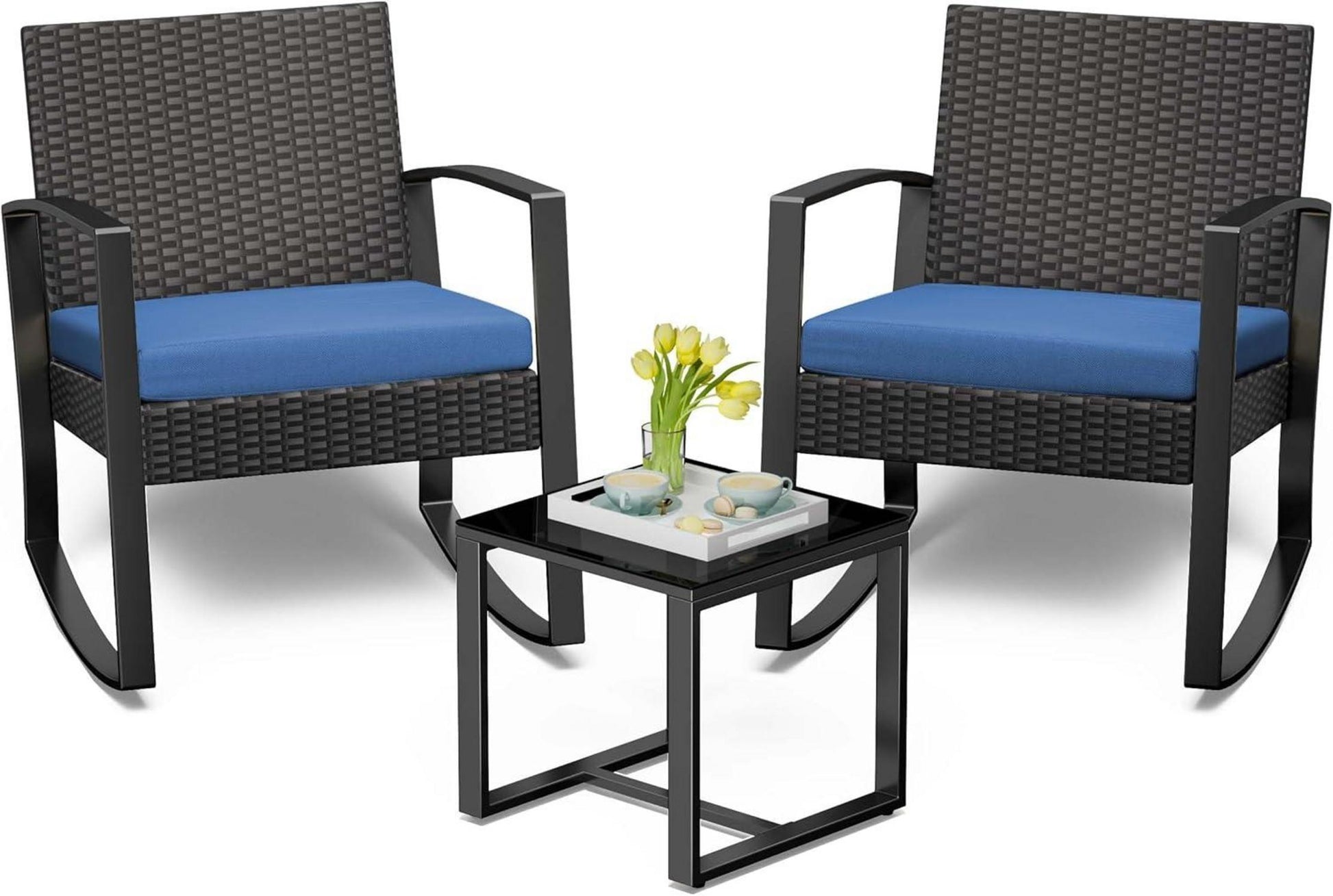 Rattan Balkonmöbel Set 3 teilig Blau