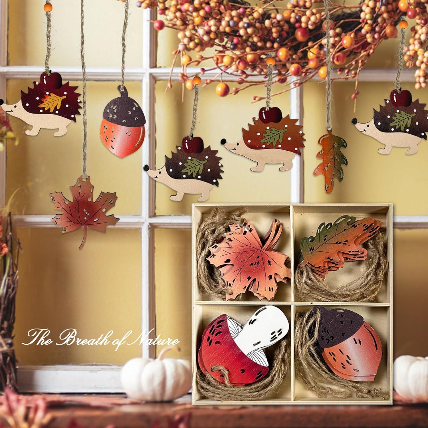 Herbst Dekoration 28er Set Holz Deko Hänger Ahornblatt Kiefernzapfen Pilz Blätter