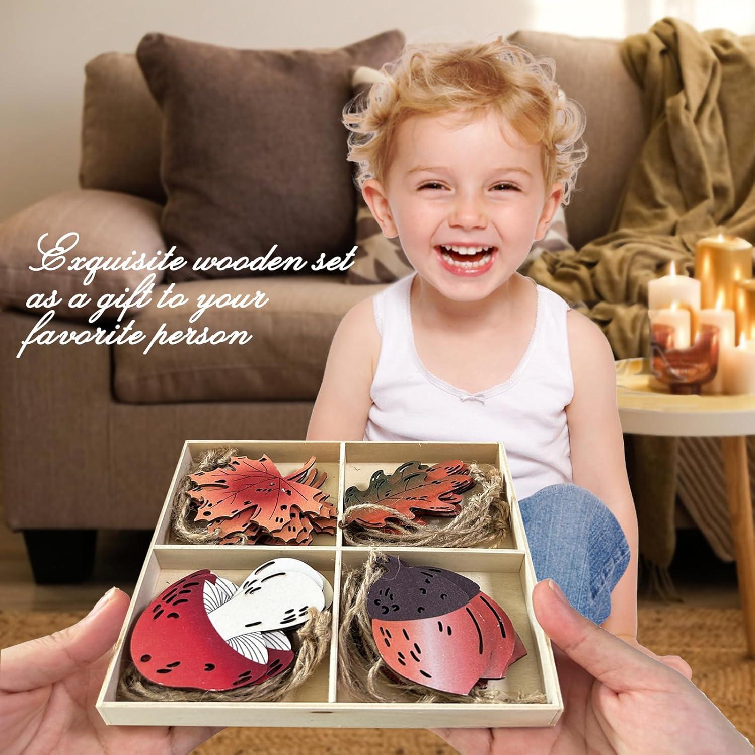 Herbst Deko: 28er Set Holz Hänger 7cm Ahornblatt Pilz Igel