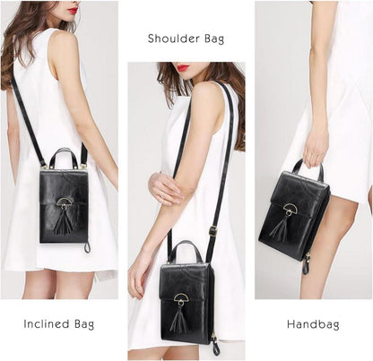 Damen PU Leder Handy Umhängetasche Crossbody Tasche mit Kartenfächer - Schwarz