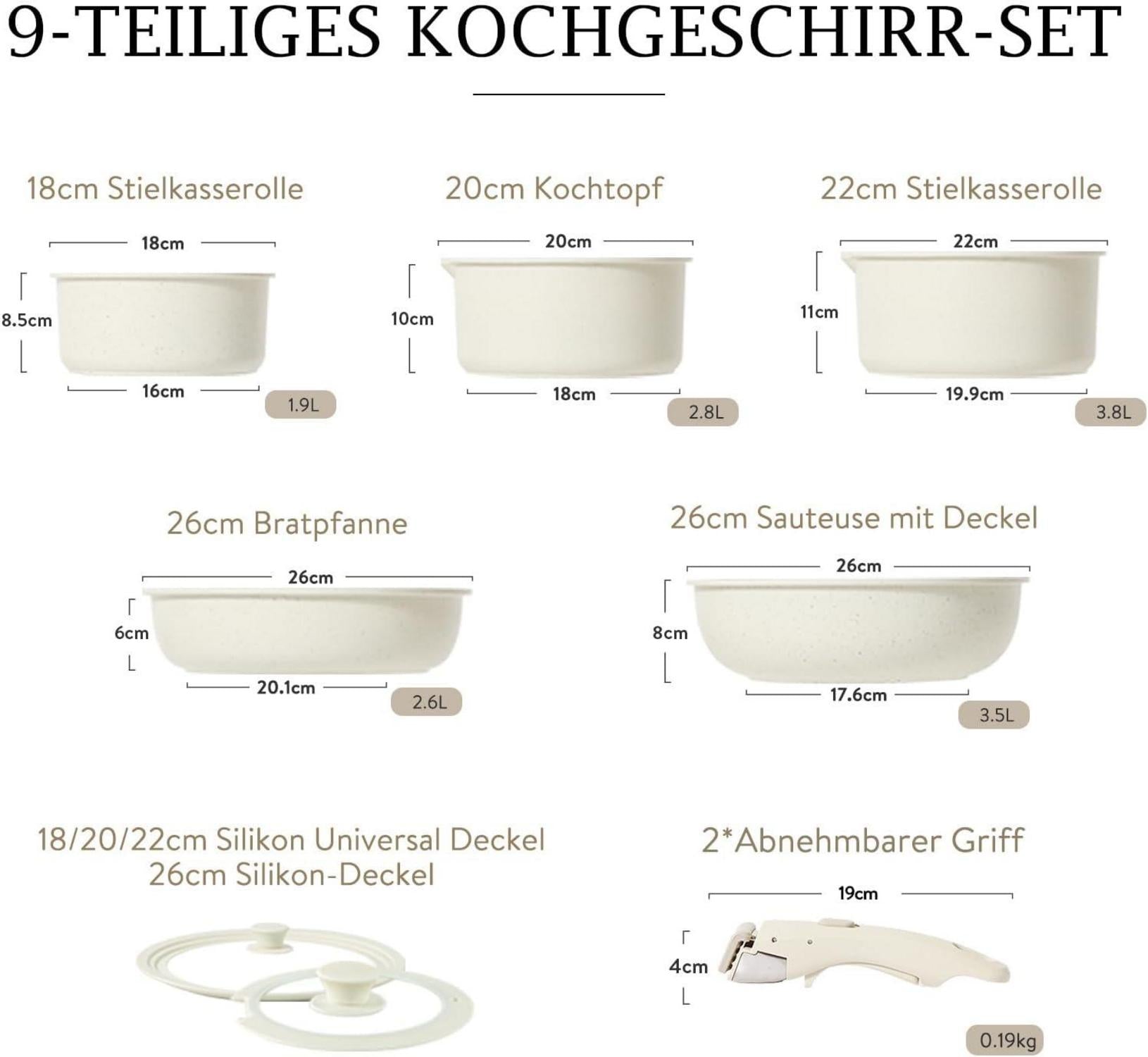 9-teiliges CAROTE Topfset Pfannenset abnehmbare Griffe