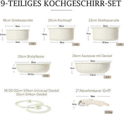 9-teiliges CAROTE Topfset Pfannenset abnehmbare Griffe