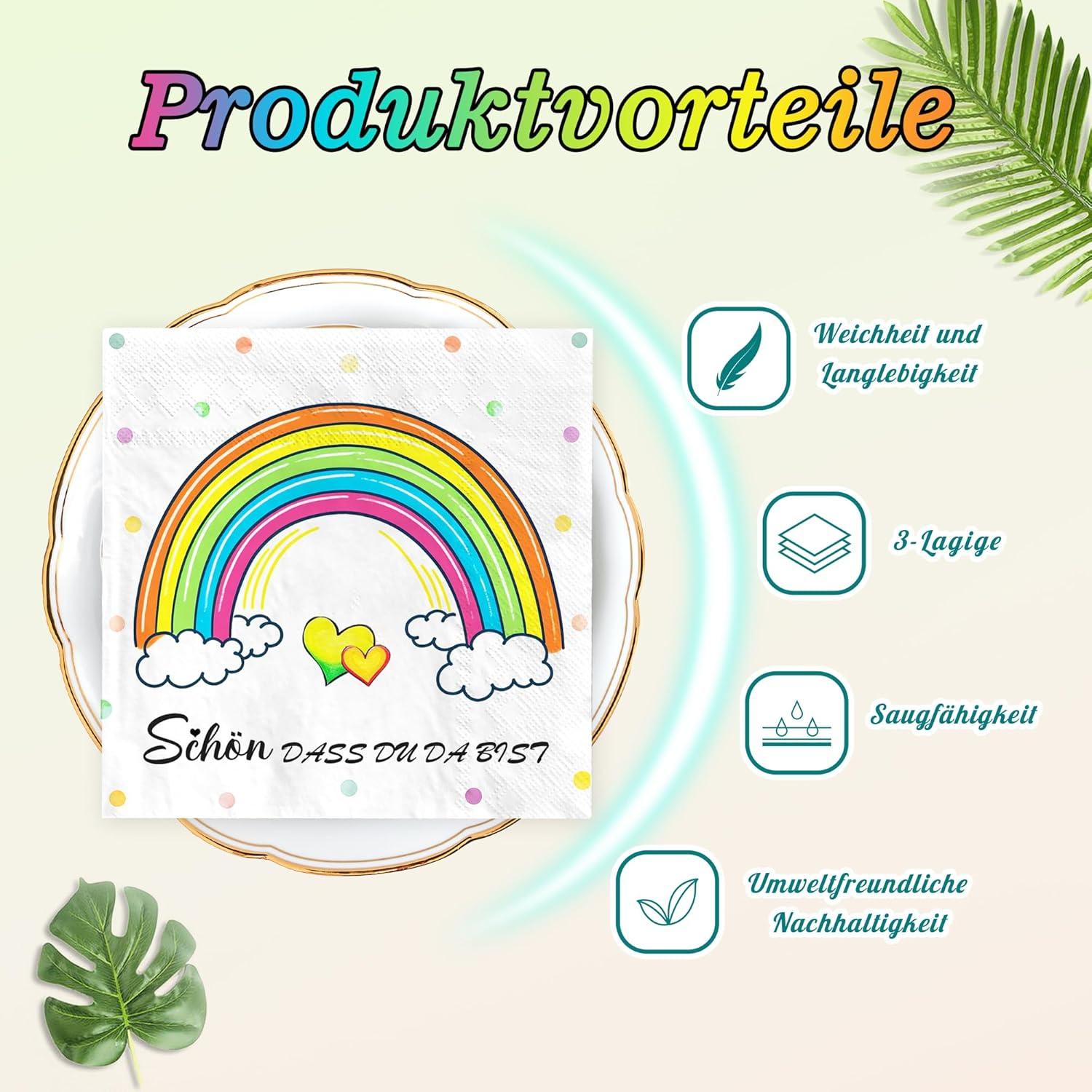 Regenbogen Servietten Geburtstag Party Deko 60Stück 3-Lagig 33x33cm