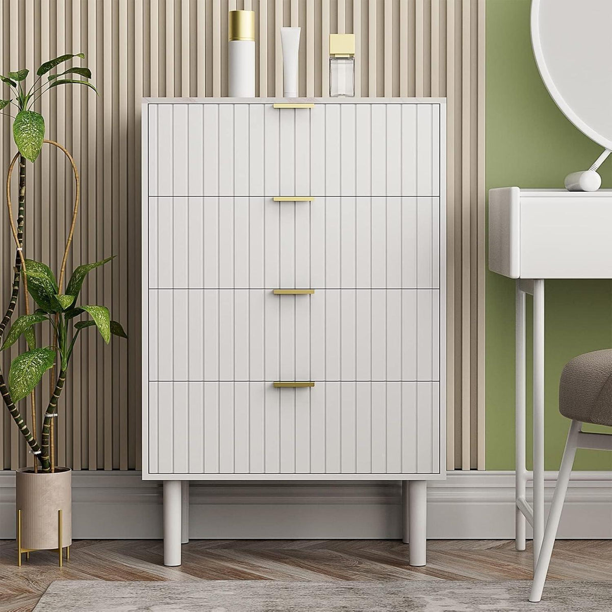 Moderne Kommode mit 4 Schubladen, Weiß, 60cm breit