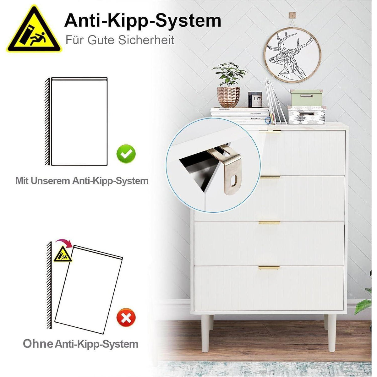 Moderne Kommode mit 4 Schubladen, Weiß, 60cm breit
