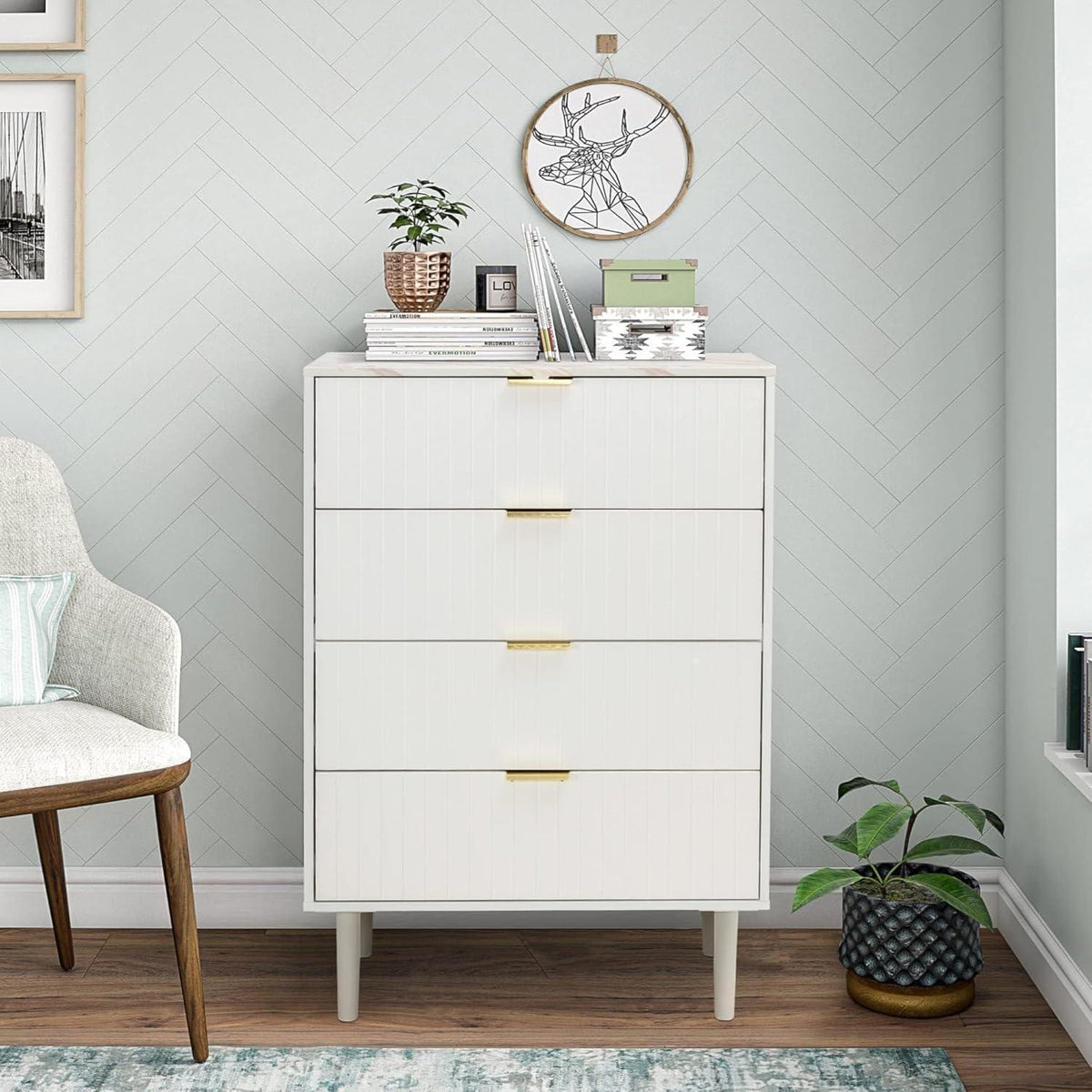 Moderne Kommode mit 4 Schubladen, Weiß, 60cm breit