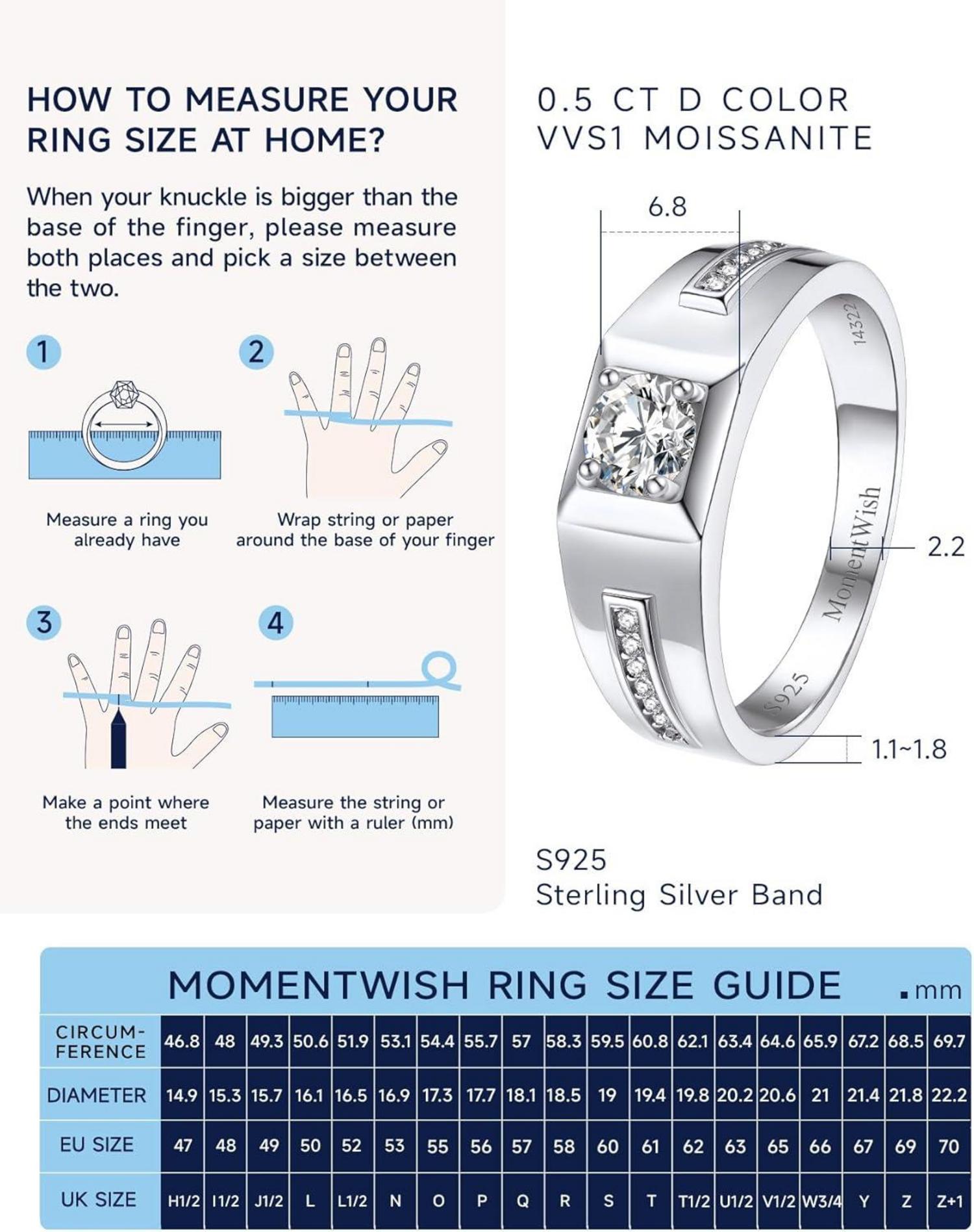 MomentWish Herren Verlobungsring 0,5 Karat Moissanit 925 Silber mit Geschenkbox