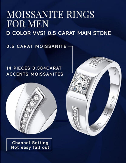 Moissanit Herren Verlobungsring 0,5 Karat 925 Silber Geschenkbox