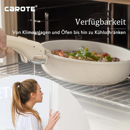 10-teiliges CAROTE Pfannen- und Topfset mit abnehmbaren Griffen, induktionsgeeignet, antihaftbeschichtet, stapelbar, backofenfest