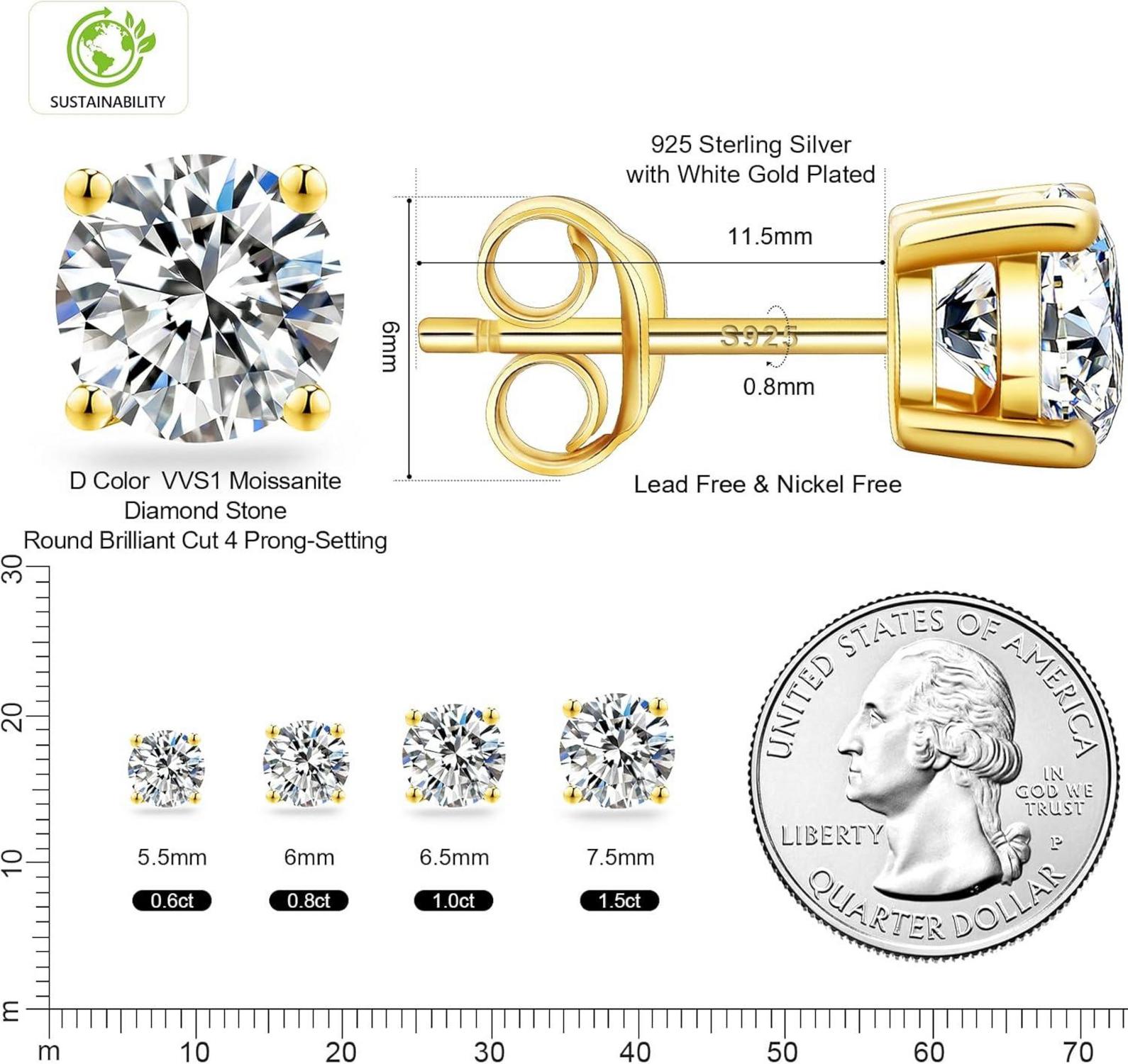Moissanite Ohrringe 925 Silber VVS1 D, 1,6 ct Solitär Ohrstecker 6 mm