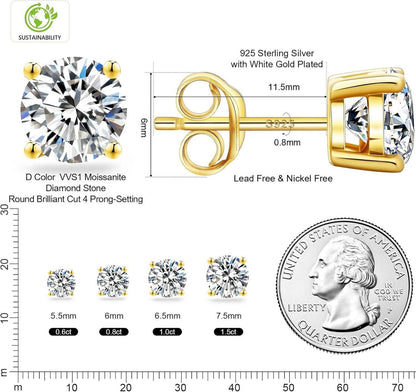 Moissanite Ohrringe 925 Silber VVS1 D, 1,6 ct Solitär Ohrstecker 6 mm