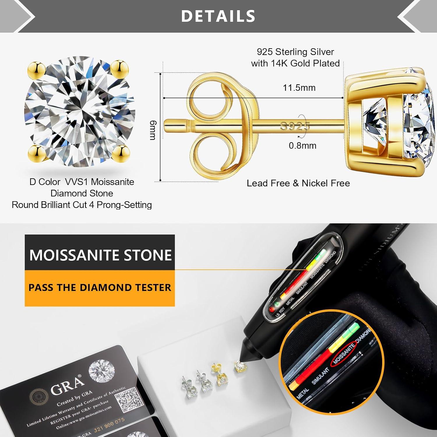 Moissanit Ohrringe 925 Silber 1 Karat D VVS1 14K Gold hypoallergen