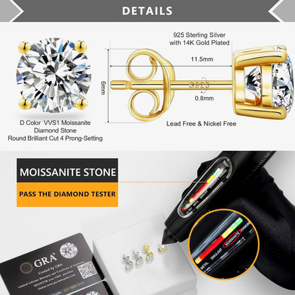 Moissanit Ohrringe 925 Silber 1 Karat D VVS1 14K Gold hypoallergen