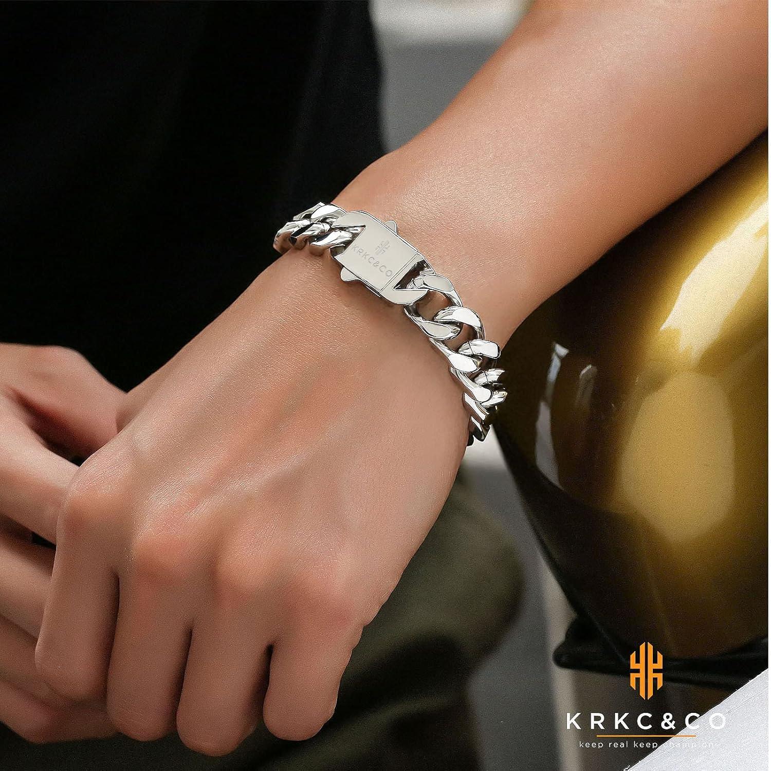 Herren Cuban Armband 14mm Weißgold beschichtet Edelstahl Bling Hip Hop