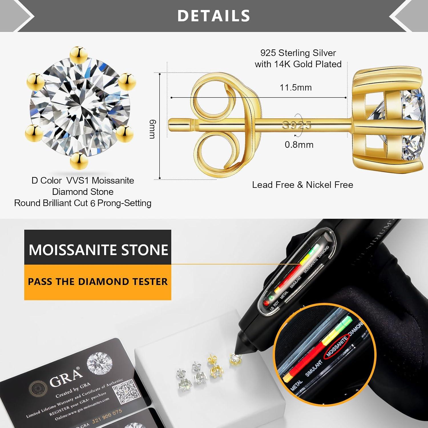 Moissanite Ohrstecker 925 Silber 1,0 ct Diamant VVS1 VVS1 5,0 mm
