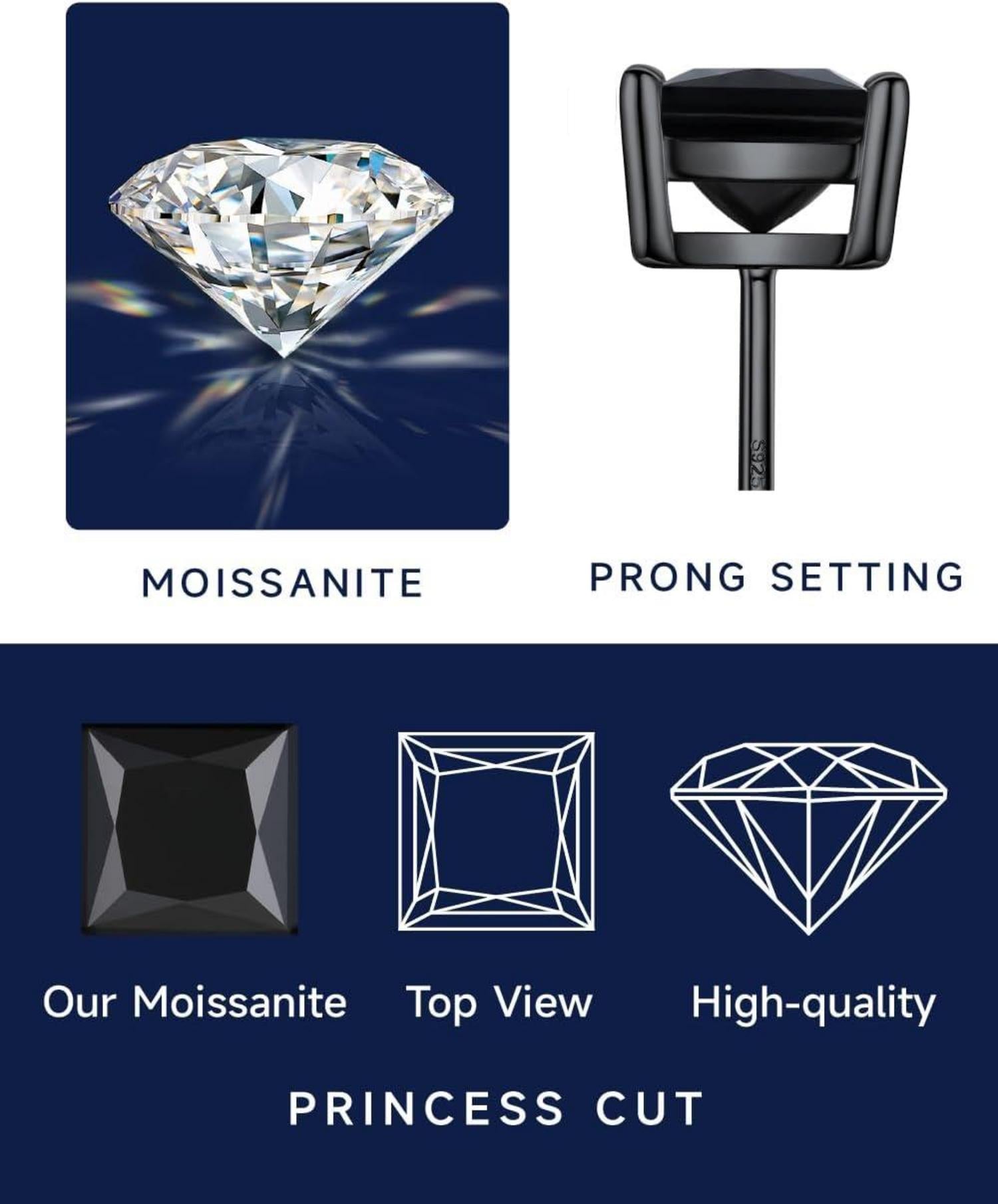 MomentWish Schwarze Moissanite Ohrstecker 925 Sterling Silber 2 Karat Schwarz Diamant Solitär Ohrringe