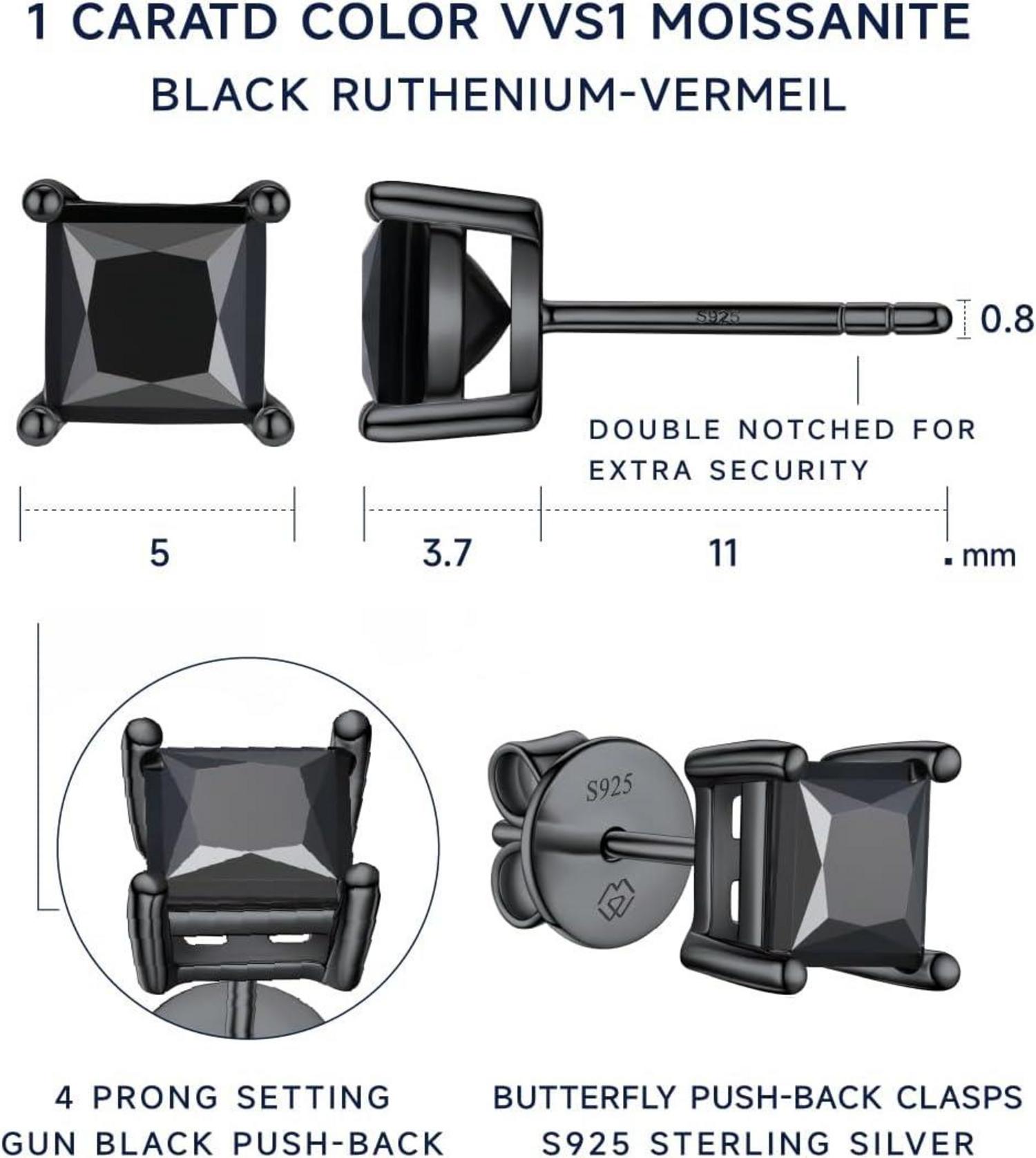 Schwarze Moissanite Ohrstecker 925 Silber 2 Karat Solitär Herren Damen